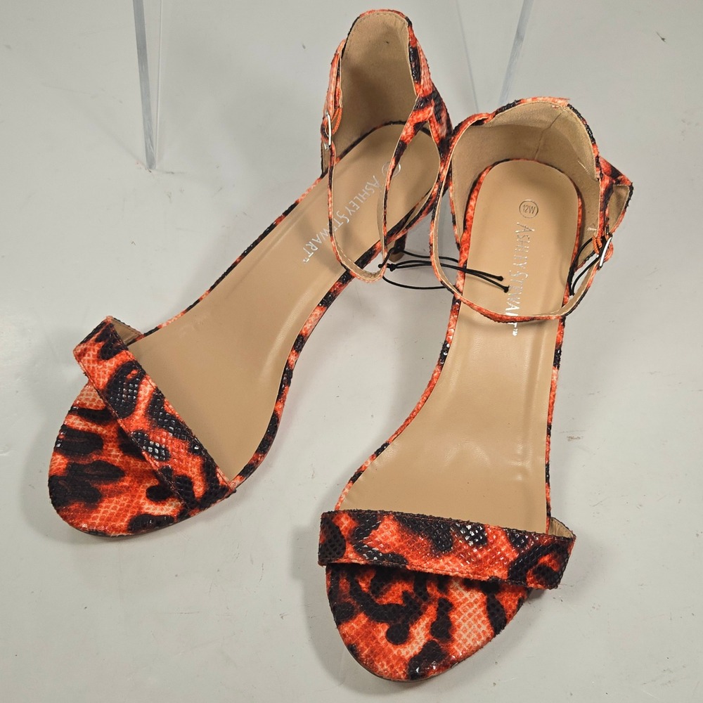 Ashley Stewart Orange Black Animal Print Ankle Strap Kitten Heels Sandals 12W